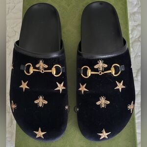 Gucci Black and Gold Embroidered Mules